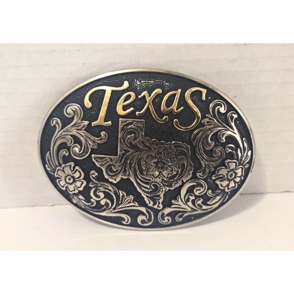 Nocona Texas State Oval Belt Buckle 37674 - Silver Tones, Floral Pattern 4" x 3" - Picture 1 of 3